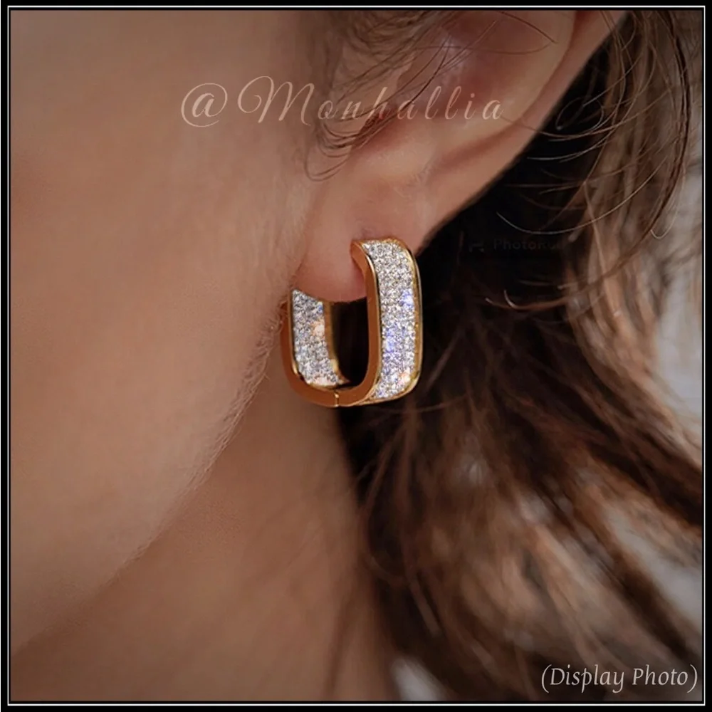 New rose gold cluster pave simulated diamond oblong mod huggie hoop earrings - Picture 2 of 3